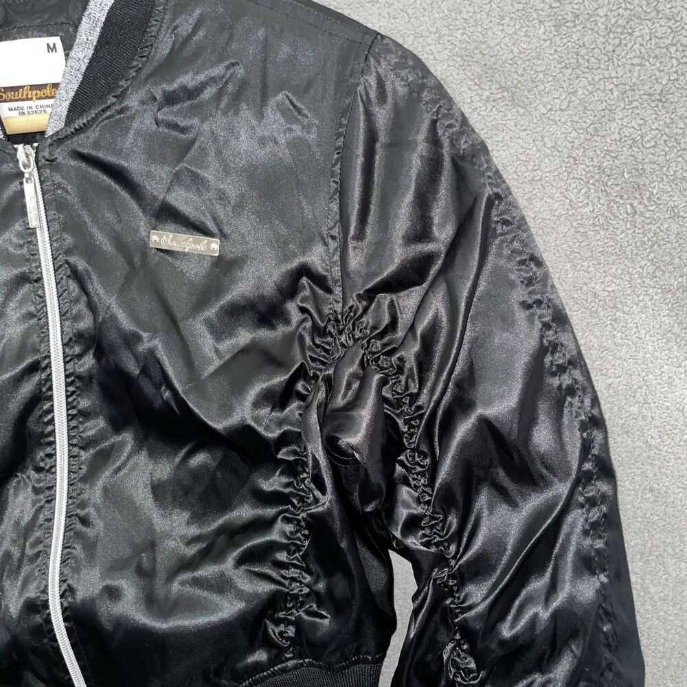 Southpole Women M Cropped Bomber Jacket Black Ruched Satin Y2K Gorpcore Tech - Picture 5 of 16